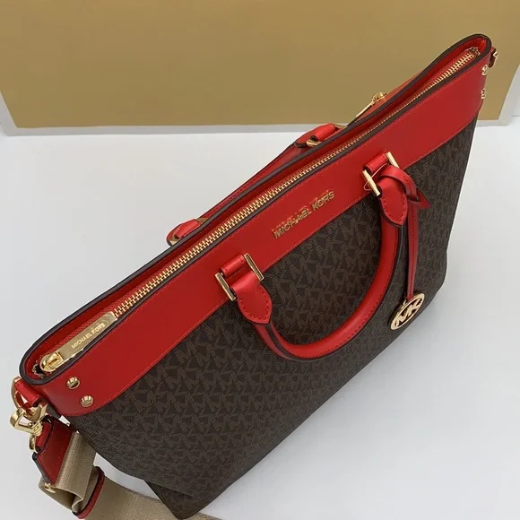 Michael Kors Travel Large Top Zip North South Tote Bag Flame/Brown signa… - Picture 8 of 16